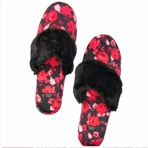 Victoria's Secret Black Faux Fur Slide Slippers with Red Floral Print.